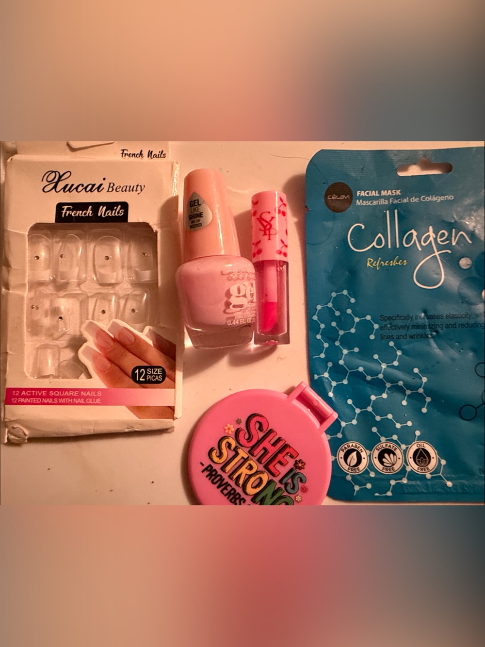 Pink Nail Polish & Lip Gloss Bundle with Press-On French Nails